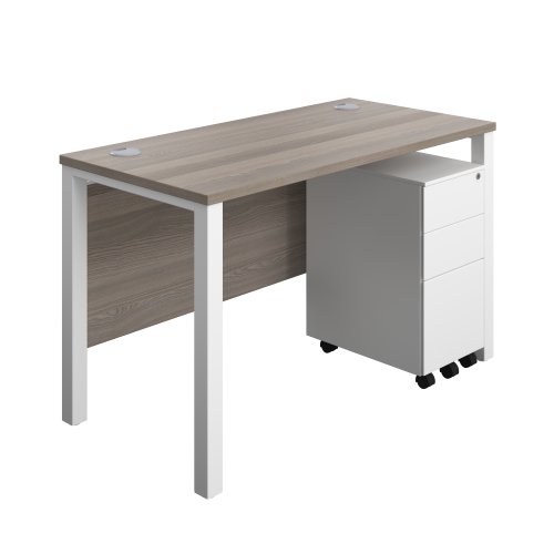 Goal Post Rectangular Desk + 3 Drawer Slimline Steel Pedestal 1200x600 Grey oak/White TC Group