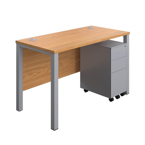 Goal Post Rectangular Desk + 3 Drawer Slimline Steel Pedestal 1200x600 Nova oak/Silver TC Group