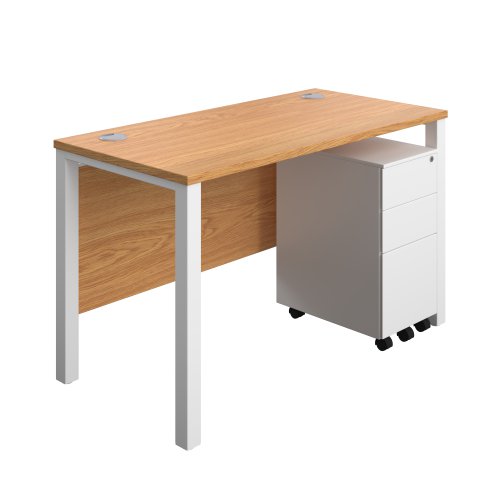 Goal Post Rectangular Desk + 3 Drawer Slimline Steel Pedestal 1200x600 Nova oak/White