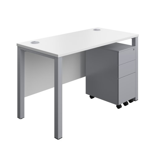 Goal Post Rectangular Desk + 3 Drawer Slimline Steel Pedestal (FSC) 1200x600 White/Silver