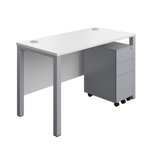 Goal Post Rectangular Desk + 3 Drawer Slimline Steel Pedestal 1200x600 White/Silver TC Group