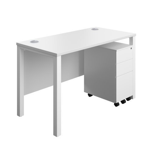 Goal Post Rectangular Desk + 3 Drawer Slimline Steel Pedestal (FSC) 1200x600 White/White