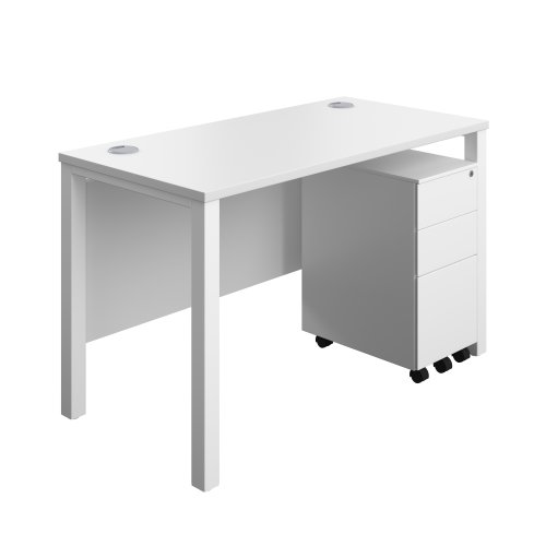 Goal Post Rectangular Desk + 3 Drawer Slimline Steel Pedestal 1200x600 White/White TC Group