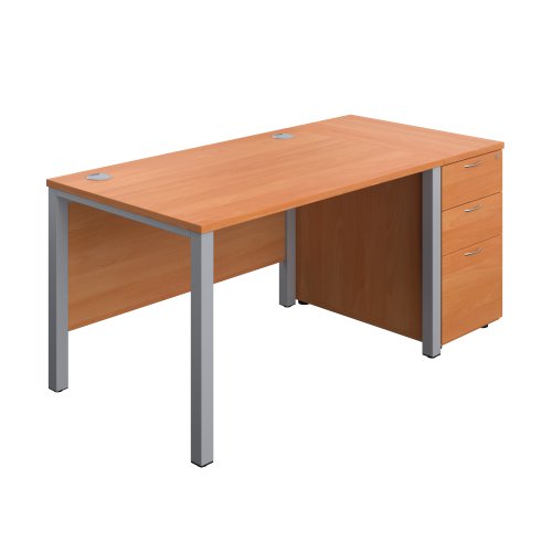 Goal Post Rectangular Desk + 3 Drawer Desk High Pedestal 1200x800 Beech/Silver TC Group