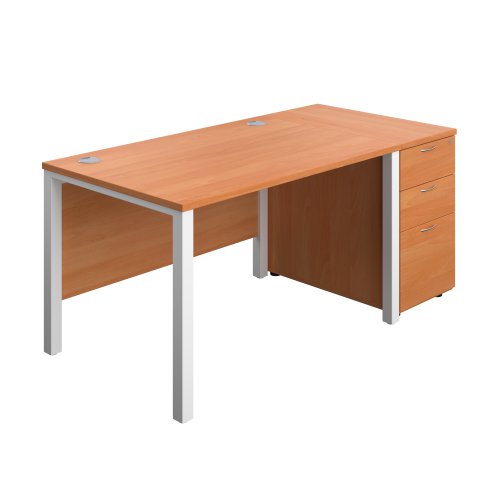 Goal Post Rectangular Desk + 3 Drawer Desk High Pedestal 1200x800 Beech/White TC Group