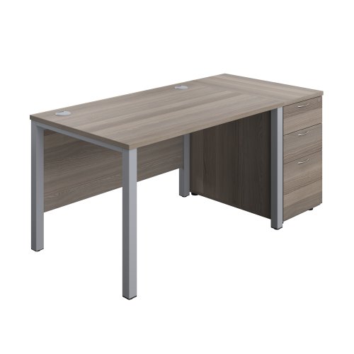 Goal Post Rectangular Desk + 3 Drawer Desk High Pedestal 1200x800 Grey oak/Silver TC Group