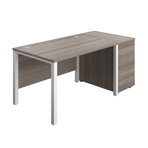 Goal Post Rectangular Desk + 3 Drawer Desk High Pedestal (FSC) 1200x800 Grey oak/White