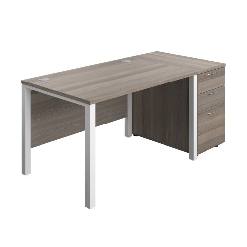Goal Post Rectangular Desk + 3 Drawer Desk High Pedestal 1200x800 Grey oak/White TC Group