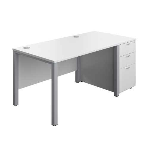 Goal Post Rectangular Desk + 3 Drawer Desk High Pedestal (FSC) 1200x800 White/Silver