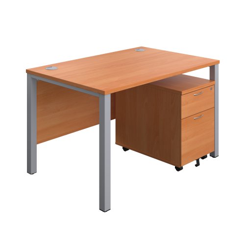 Goal Post Rectangular Desk + 2 Drawer Mobile Pedestal (FSC) 1200x800 Beech/Silver