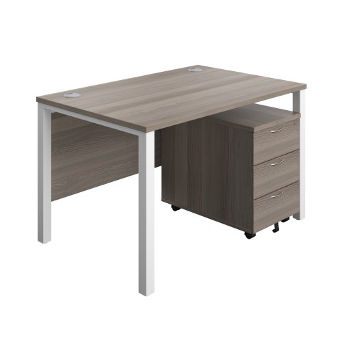 Goal Post Rectangular Desk + 3 Drawer Mobile Pedestal (FSC) 1200x800 Grey oak/White