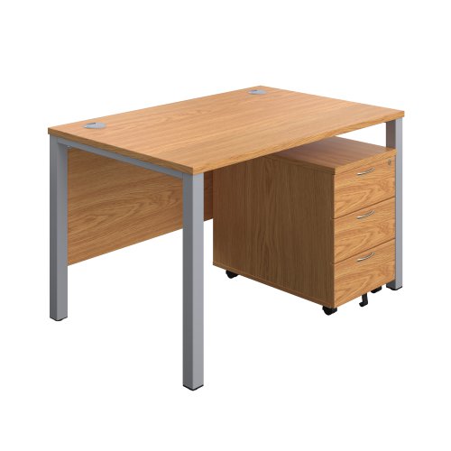 Goal Post Rectangular Desk + 3 Drawer Mobile Pedestal 1200x800 Nova oak/Silver