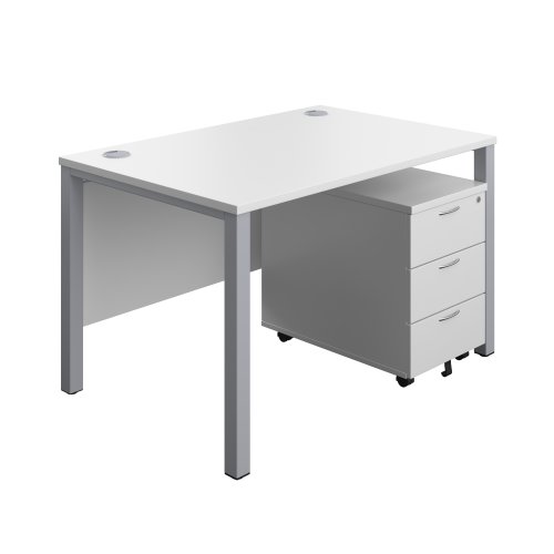 Goal Post Rectangular Desk + 3 Drawer Mobile Pedestal (FSC) 1200x800 White/Silver