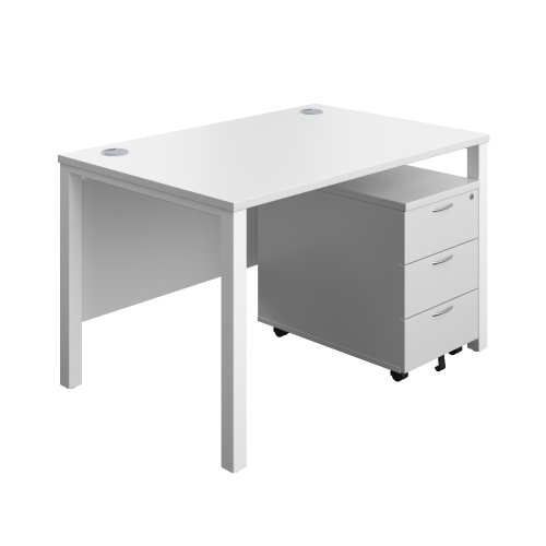 Goal Post Rectangular Desk + 3 Drawer Mobile Pedestal (FSC) 1200x800 White/White