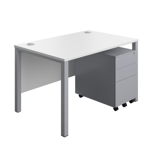 Goal Post Rectangular Desk + 3 Drawer Steel Pedestal (FSC) 1200x800 White/Silver