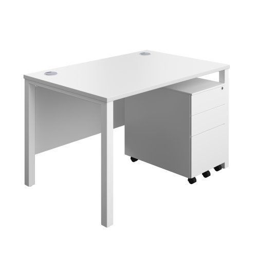 Goal Post Rectangular Desk + 3 Drawer Steel Pedestal (FSC) 1200x800 White/White