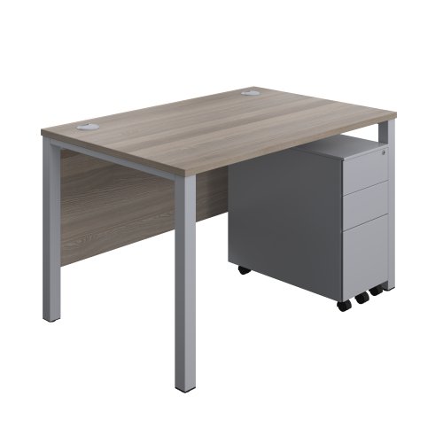 Goal Post Rectangular Desk + 3 Drawer Slimline Steel Pedestal (FSC) 1200x800 Grey oak/Silver