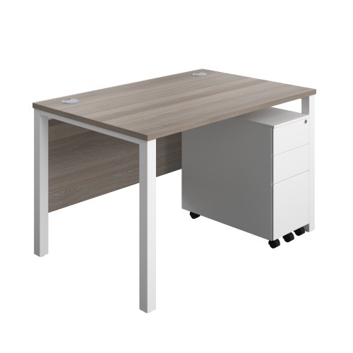 Goal Post Rectangular Desk + 3 Drawer Slimline Steel Pedestal (FSC) 1200x800 Grey oak/White