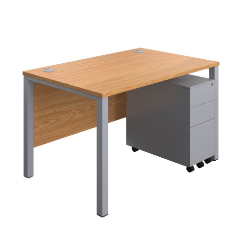 Goal Post Rectangular Desk + 3 Drawer Slimline Steel Pedestal 1200x800 Nova oak/Silver
