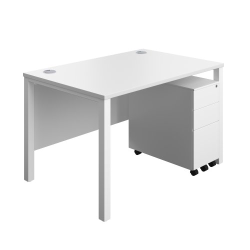 Goal Post Rectangular Desk + 3 Drawer Slimline Steel Pedestal (FSC) 1200x800 White/White