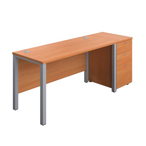 Goal Post Rectangular Desk + 3 Drawer Desk High Pedestal (FSC) 1400x600 Beech/Silver