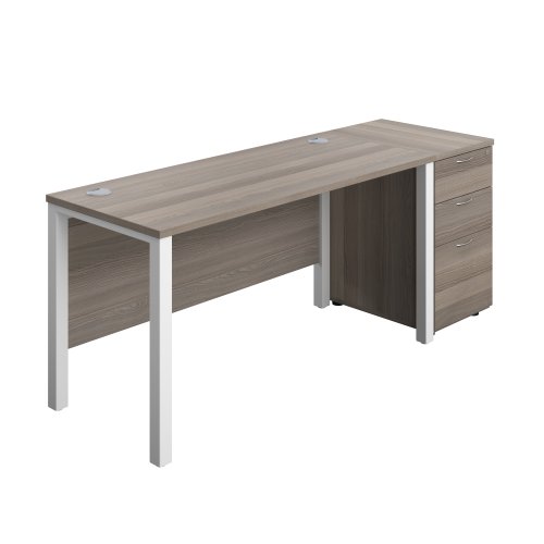 Goal Post Rectangular Desk + 3 Drawer Desk High Pedestal (FSC) 1400x600 Grey oak/White