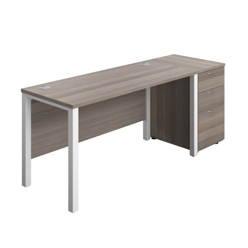 Goal Post Rectangular Desk + 3 Drawer Desk High Pedestal 1400x600 Grey oak/White