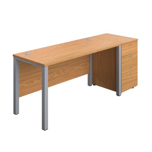 Goal Post Rectangular Desk + 3 Drawer Desk High Pedestal (FSC) 1400x600 Nova oak/Silver