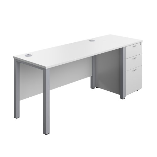 Goal Post Rectangular Desk + 3 Drawer Desk High Pedestal (FSC) 1400x600 White/Silver