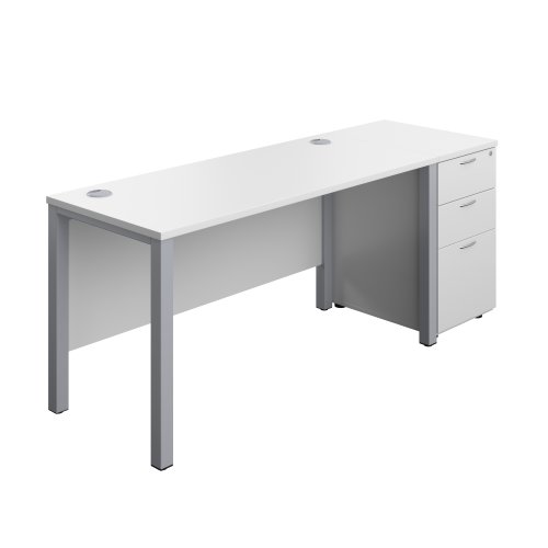 Goal Post Rectangular Desk + 3 Drawer Desk High Pedestal 1400x600 White/Silver