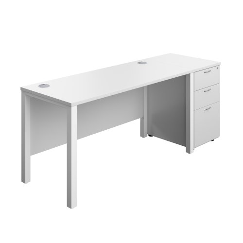 Goal Post Rectangular Desk + 3 Drawer Desk High Pedestal (FSC) 1400x600 White/White