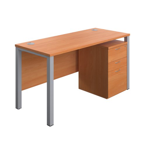 Goal Post Rectangular Desk + 3 Drawer High Mobile Pedestal (FSC) 1400x600 Beech/Silver