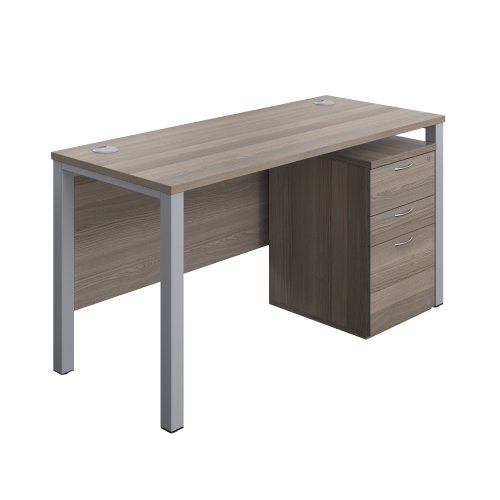 Goal Post Rectangular Desk + 3 Drawer High Mobile Pedestal (FSC) 1400x600 Grey oak/Silver