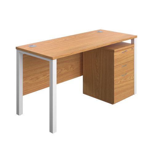 Goal Post Rectangular Desk + 3 Drawer High Mobile Pedestal (FSC) 1400x600 Nova oak/White