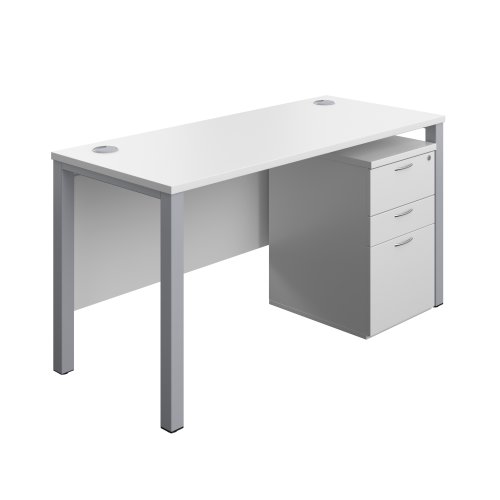 Goal Post Rectangular Desk + 3 Drawer High Mobile Pedestal (FSC) 1400x600 White/Silver