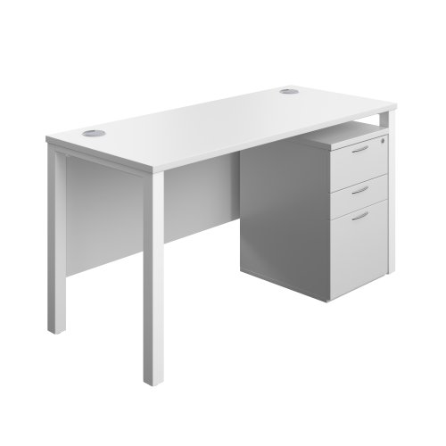 Goal Post Rectangular Desk + 3 Drawer High Mobile Pedestal (FSC) 1400x600 White/White