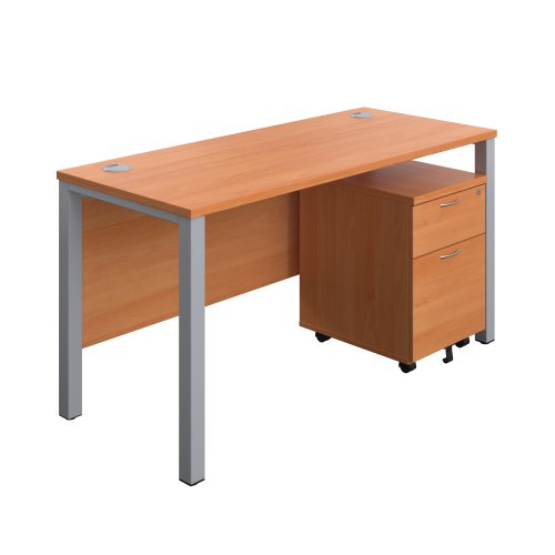 Goal Post Rectangular Desk + 2 Drawer Mobile Pedestal (FSC) 1400x600 Beech/Silver