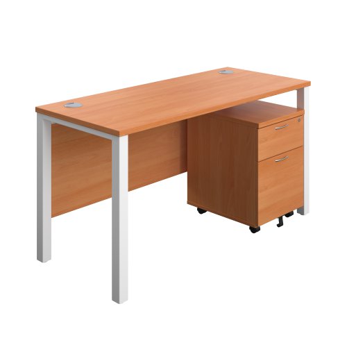 Goal Post Rectangular Desk + 2 Drawer Mobile Pedestal 1400x600 Beech/White