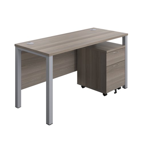 Goal Post Rectangular Desk + 2 Drawer Mobile Pedestal (FSC) 1400x600 Grey oak/Silver