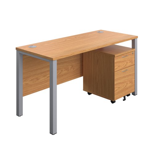 Goal Post Rectangular Desk + 2 Drawer Mobile Pedestal (FSC) 1400x600 Nova oak/Silver