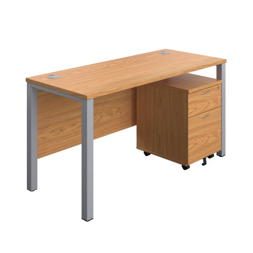 Goal Post Rectangular Desk + 2 Drawer Mobile Pedestal 1400x600 Nova oak/Silver