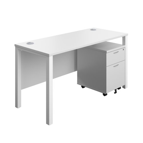 Goal Post Rectangular Desk + 2 Drawer Mobile Pedestal 1400x600 White/White