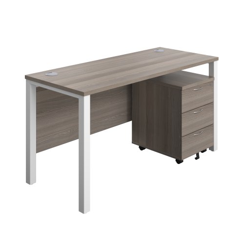 Goal Post Rectangular Desk + 3 Drawer Mobile Pedestal (FSC) 1400x600 Grey oak/White