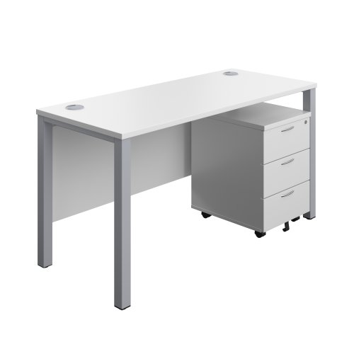 Goal Post Rectangular Desk + 3 Drawer Mobile Pedestal (FSC) 1400x600 White/Silver