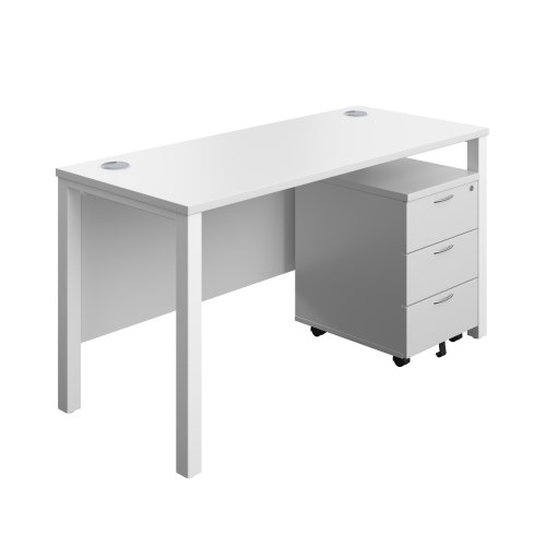 Goal Post Rectangular Desk + 3 Drawer Mobile Pedestal (FSC) 1400x600 White/White