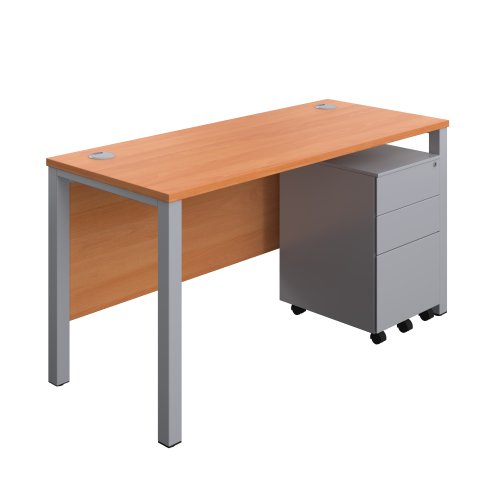 Goal Post Rectangular Desk + 3 Drawer Steel Pedestal (FSC) 1400x600 Beech/Silver