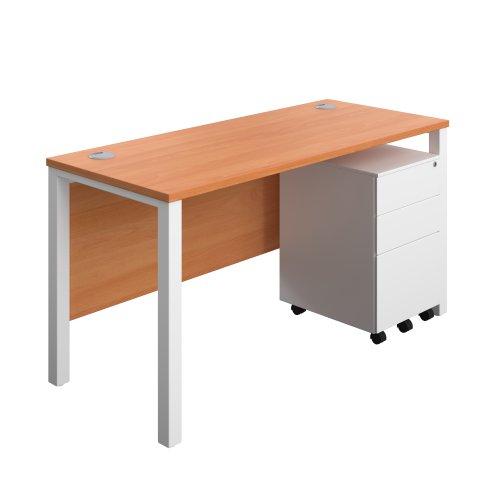 Goal Post Rectangular Desk + 3 Drawer Steel Pedestal (FSC) 1400x600 Beech/White