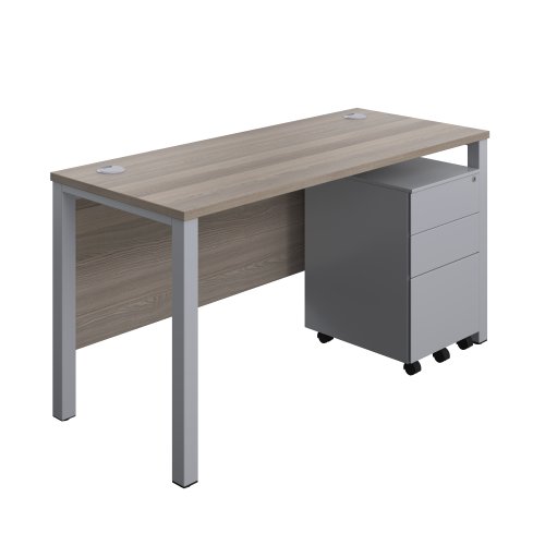 Goal Post Rectangular Desk + 3 Drawer Steel Pedestal (FSC) 1400x600 Grey oak/Silver
