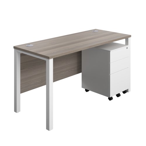 Goal Post Rectangular Desk + 3 Drawer Steel Pedestal (FSC) 1400x600 Grey oak/White