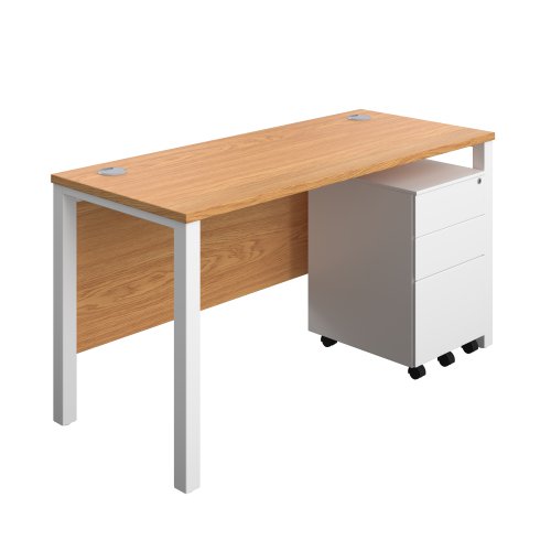 Goal Post Rectangular Desk + 3 Drawer Steel Pedestal (FSC) 1400x600 Nova oak/White
